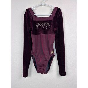 GK youth medium burgundy long sleeve velvet gymnastics meet leotard dance